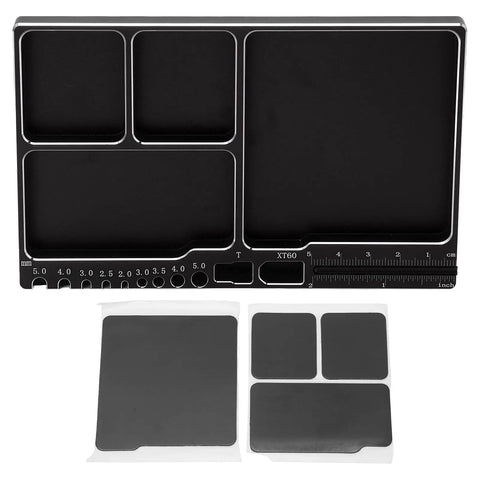 Magnetic RC Parts Tray Portable Aluminum Alloy Repair Tray With Magnetic Screw Holder Plate For Neat Organization During RC Car And Boat Fixes Axial Compatible. Black tray with compartments and metric ruler markings.