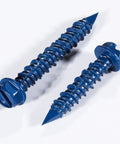 Two Badass Heavy Duty 100 Pack Slotted Hex Concrete Screws 3/16 By 1-1/4 Inch Blue Hexagon Head Anchors shown on white background.