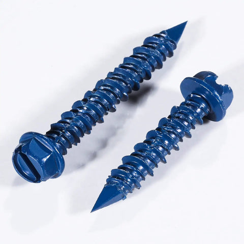 Two Badass Heavy Duty 100 Pack Slotted Hex Concrete Screws 3/16 By 1-1/4 Inch Blue Hexagon Head Anchors shown on white background.