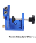 Rock Solid Oblique Hole Locator And Pocket Hole Jig Kit for Precise Woodworking Joint Alignment, blue aluminum frame, adjustable depth.