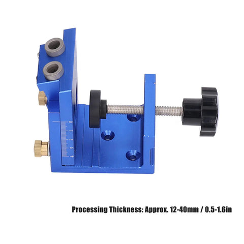 Rock Solid Oblique Hole Locator And Pocket Hole Jig Kit for Precise Woodworking Joint Alignment, blue aluminum frame, adjustable depth.