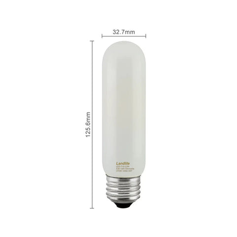 Led T10 120V 5W Frosted Dimmable Glass Bulb with dimensions, part of 2 Pack For Piano Light And Banker Light 40W Incandescent Equivalent Traditional T10 Shape 2500K Warm White 450 Lumens E26 Base.