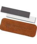 Pocket Sharpening Stone 1x5 Inch Dual Grit Medium And Fine Knife Sharpener with brown protective case on white background.