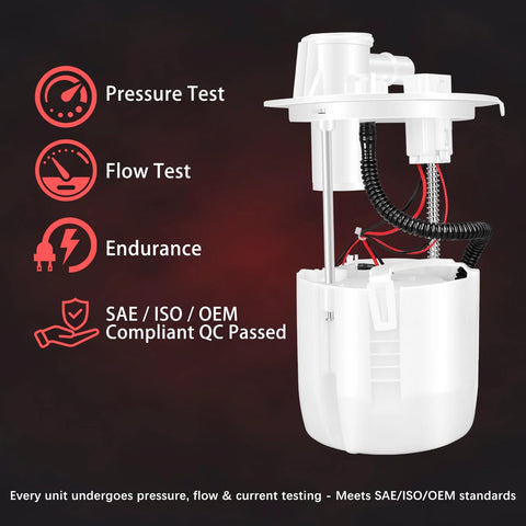 Fuel Pump Module Assembly Replacement For Toyota Corolla 2005 Through 2008 1.8L, Toyota Matrix 2005 Through 2008 1.8L, Pontiac Vibe 2005 Through 2010 1.8L And 2.4L Drop In Direct Fit OEM Style E8874M FG0938 P76578M shown with pressure and flow test icons