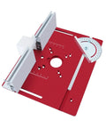 Smooth CNC Aluminum Router Lift Kit With Sleek Red Insert Plate And Tough Rock Solid Mounting Bracket For 65mm Motors showing detailed surface features.