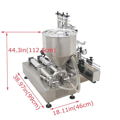 Automatic Double Nozzle Paste Filler With Steel Conveyor Belt And Anti Drip Tech Gets The Job Done No Drama showing stainless steel body dimensions 44.3in height.