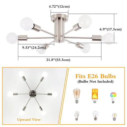 Six Light Nickel Sputnik Ceiling Chandelier With Mid Century Style, dimensions labeled, upward view, bulb compatibility