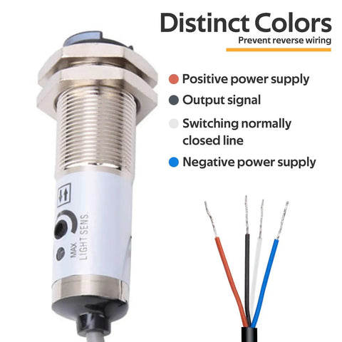 Diffuse Reflection Photoelectric Sensor NPN NO 4 Wire 10mm Sensing Range For Opaque Objects IP66 wiring color details