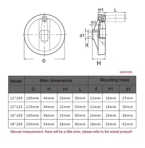 Technical drawing of 100-200 mm solid aluminum alloy handwheel with double-spoked design and foldable handle for milling and lathe