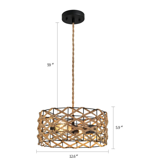 Boho Pendant Light Rustic Hand Woven Hemp Rope Drum Cage Rattan Hanging Lamp Wicker Coastal Farmhouse Chandelier With Two E26 Sockets