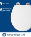 Round White Toilet Seat With Brushed Nickel Hinges Slow Close Wood Seat Secure Metal Hinges Easy Install Made In USA