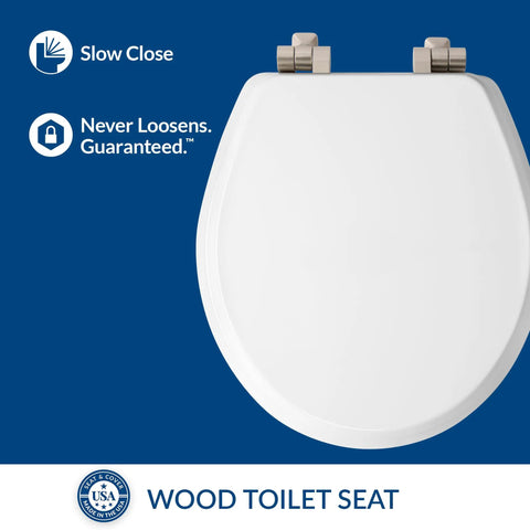 Round White Toilet Seat With Brushed Nickel Hinges Slow Close Wood Seat Secure Metal Hinges Easy Install Made In USA