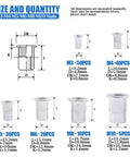 Size chart for 160 Piece Aluminum Alloy Flat Head Rivet Nut Kit M3 M4 M5 M6 M8 M10 Threaded Nutserts Rivet Nuts Insert Nuts