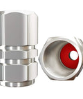 Heavy Duty Tire Valve Caps 12 Pack With Rubber Seal And Hexagon Design shown with open red rubber seal