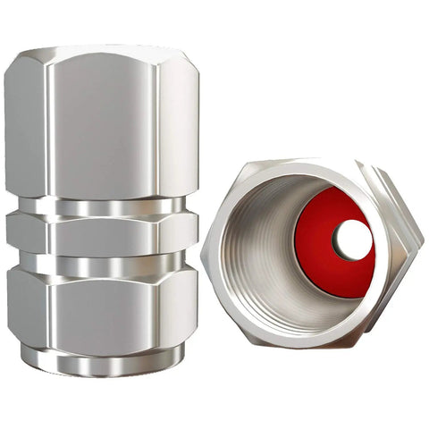 Heavy Duty Tire Valve Caps 12 Pack With Rubber Seal And Hexagon Design shown with open red rubber seal