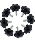 Snag Up Six Beefy M8 Knurled Clamping Knobs Featuring Hex Star Thumb Screw Designs arranged in a circle, black with steel cores.