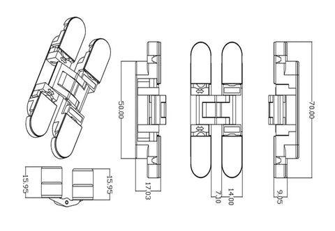 Technical drawing of Three Way Adjustable Concealed Cabinet Hinge HES3D 70 With No Visible Hardware For Hidden Doors One Color Finish