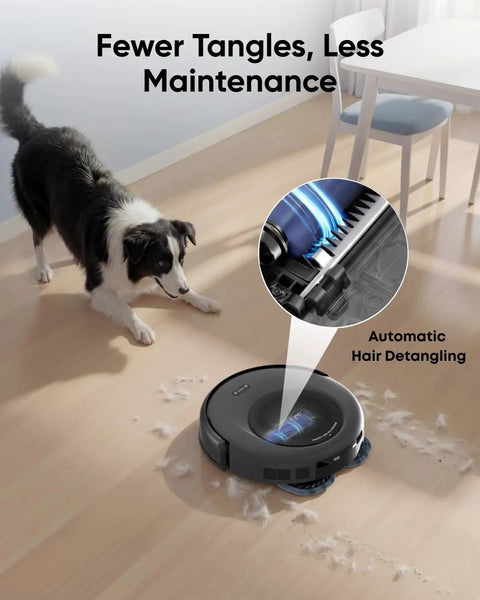 Omni C20 Robot Vacuum And Mop Combo With 7000 Pa Suction, 60 Day Self Emptying Station cleaning pet hair on wood floor