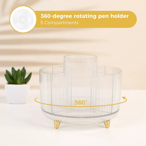Gold Desk Organizer Set For Women With Rotating Pen Holder Gel Pen Stapler Tape Dispenser Scissors Clips 1000 Staples And More Chic Functional Office Decor And Gold Desk Accessories featuring a clear acrylic rotating pen holder with five compartments on a desk.