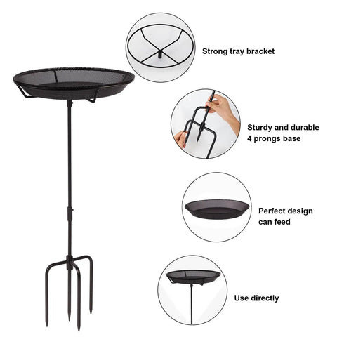 Sturdy Standing Bird Feeder Bowl On A 29.1 Inch Iron Stand, Detachable Outdoor Decor with 4 prongs base and tray bracket for gardens.