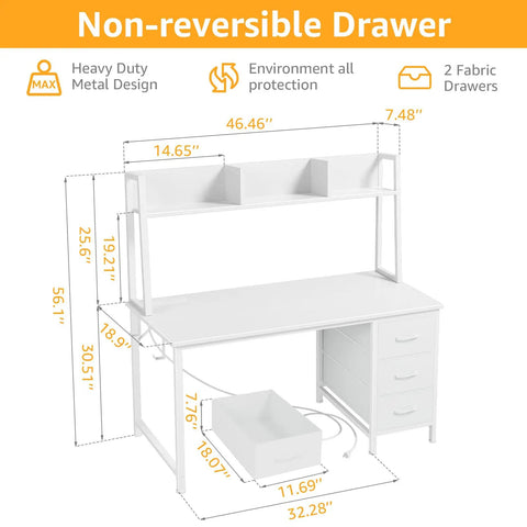 White Computer Desk with Hutch and Drawers 47 Inch Space Saving Modern Study Writing Desk for Bedroom and Home Office