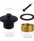Matte black tub drain kit with single-hole overflow; exploded view shows drain body, rubber gasket, brass nut, screw.