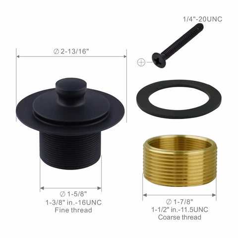 Matte black tub drain kit with single-hole overflow; exploded view shows drain body, rubber gasket, brass nut, screw.