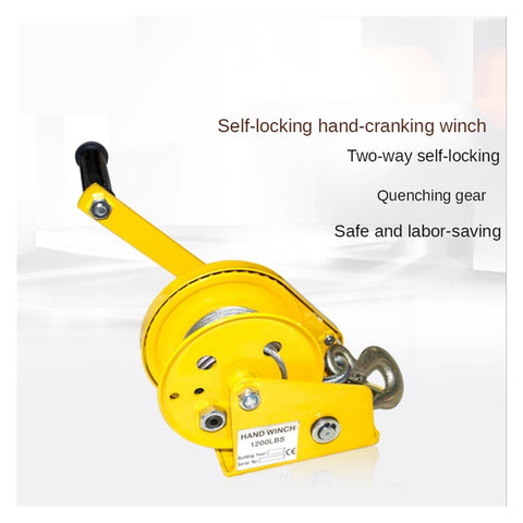 Yellow hand crank winch with self locking brake, durable steel construction, for home improvement and cargo lifting up to 2600 lbs