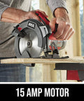 SKIL 15 Amp 7-1/4 in circular saw, side view, cutting a wooden board.