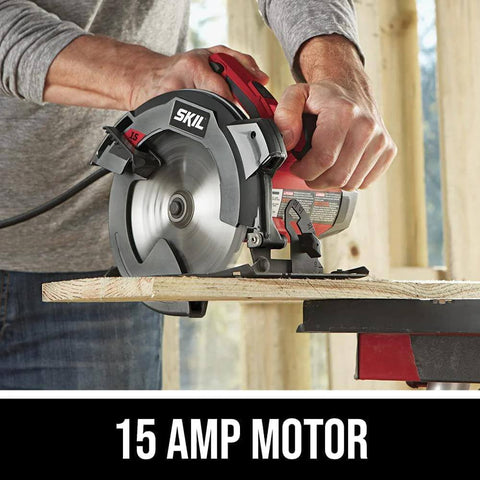 SKIL 15 Amp 7-1/4 in circular saw, side view, cutting a wooden board.