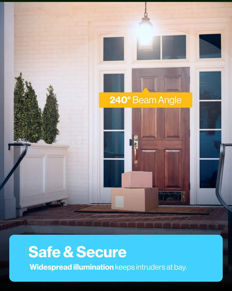Outdoor Dusk To Dawn A19 LED Bulbs With Photocell Sensor illuminating porch scene with packages, 240° beam angle, safe exterior lighting.