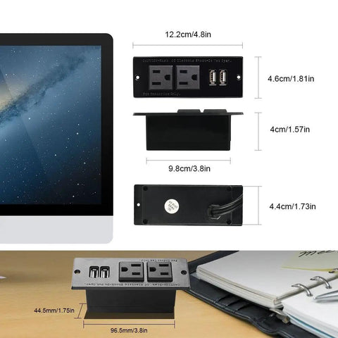 Conference Recessed Power Strip With USB Ports Table Mount Desktop Charging Station Two Outlets And Two USB Ports 6.5 Foot Cord with measurements
