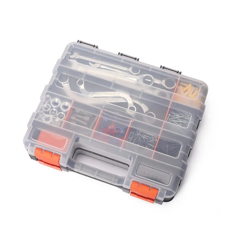 Double Side Tools Organizer With Removable Dividers, 34-Compartment Hardware Storage Box, dual-sided case shown closed.