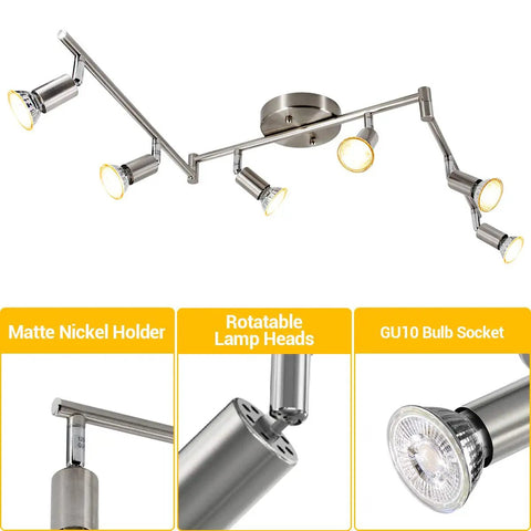 Six Light LED Track Lighting Kit With Sleek Matte Nickel Finish, Six Rotatable Heads, CRI 90 Plus, Ceiling Track Lighting