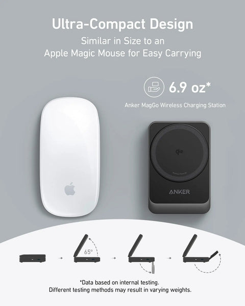 MagGo 3-In-1 iPhone Charging Station size comparison with Apple Magic Mouse, folds for compact design, weighs 6.9 oz.