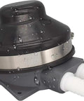 No Fuss Manual Foot Pump For 1/2 Inch Hose, 2.2 GPM Max, compact black water pump with dual hose connectors, droplets on surface