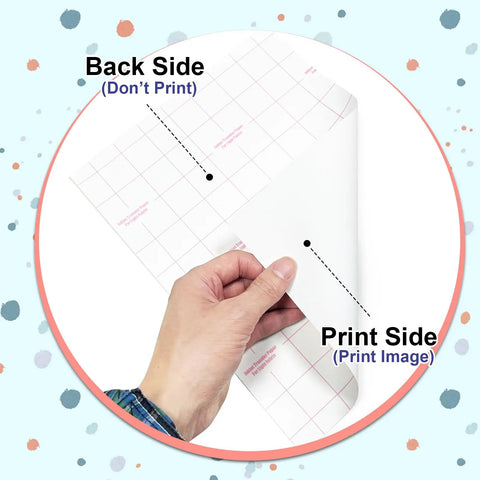 Printable Heat Transfer Paper For Light Fabrics 8.5 By 11 Inches Pack Of 20 Sheets, hand holding sheet showing back and print sides