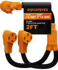 Heavy Duty 50 Amp RV EV Power Splitter Adapter Cord Transforms Single NEMA 14-50P Plug Into Dual 14-50R Outlets For Simultaneous Generator And Camper Charging No Drama Tailgate Ready Setup showing two 14-50R outlets and a NEMA 14-50P plug.