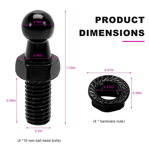 Four Pack 10mm Ball Stud Mounts For Gas Struts With Hardware Nuts 5 16 18 Thread 9 16 Inch Long Shank Carbon Steel Ball End Gas Spring Strut Studs For Hood Lift Support Black, dimensions view