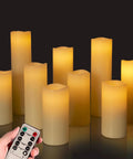 Set Of Nine Ivory Real Wax Flameless Pillar Candles Battery Operated 4 Inch Through 9 Inch Heights With 10 Key Remote