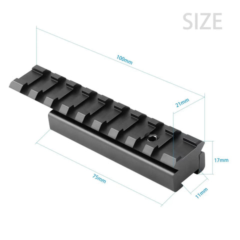 Dovetail To Picatinny Rail Adapter For 11mm To 21mm Conversion With Built In Locking Screws Low Profile Scope Mount Base shown with dimensions