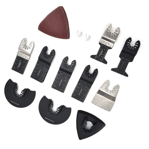 Versatile Oscillating Saw Blade Kit With Pro Grade High Carbon Steel Blades, includes straight, shovel blades, triangle sandpaper