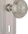Deco Plate With Keyhole and Egg and Dart Knob Mortise Set for Two and a Quarter Inch Backset in Satin Nickel Brass with Crystal Knob