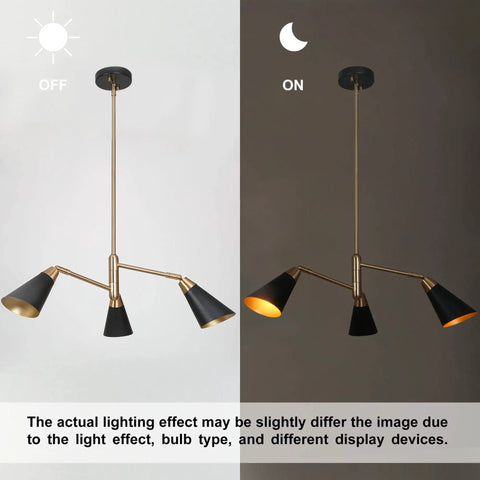Three Light Modern Black And Gold Chandelier With Copper Brass Finish Dope Hanging Metal Fixture in on and off modes
