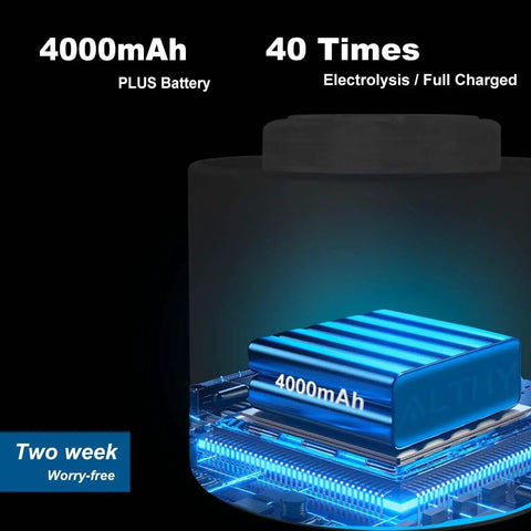Close-up of 4000mAh battery inside Hydrogen Water Generator Bottle With Dual Chamber SPE PEM Tech, glowing with blue light