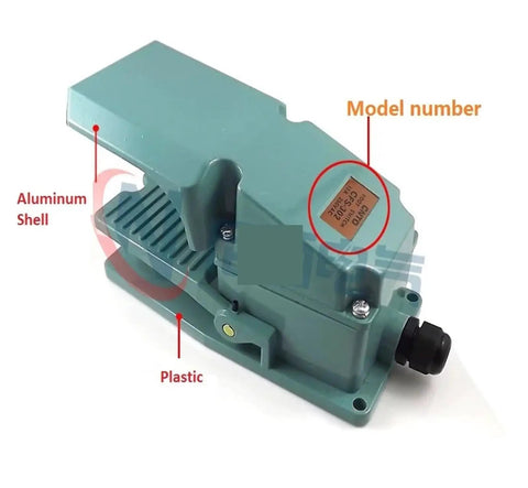 Emergency Stop Switch CFS-302 Self Reset Aluminum Pedal Foot Switch with protective guard for CNC machines visible.