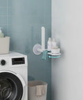Telescopic Plastic Shelf Bracket With Rotating Base No Drill Adhesive Corner Organizer in bathroom with toiletries