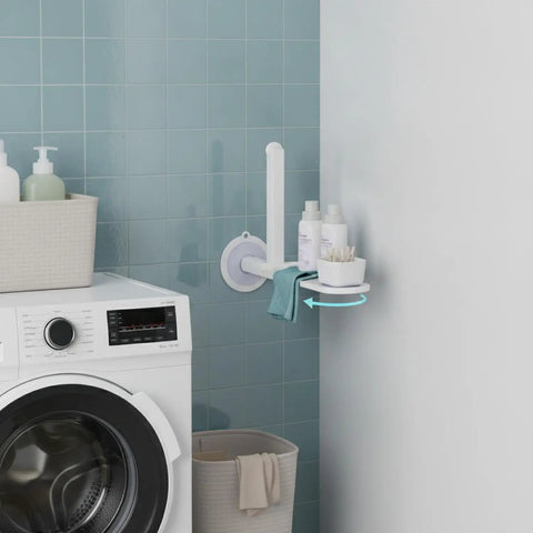 Telescopic Plastic Shelf Bracket With Rotating Base No Drill Adhesive Corner Organizer in bathroom with toiletries
