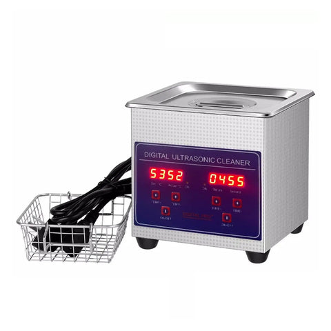 Hualuck 1.3L Ultrasonic Parts Cleaner With Timer And Heater, stainless steel bath with digital display and cleaning basket.