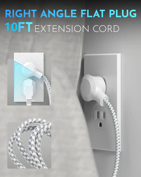10Ft Braided Power Strip With Flat Plug, 4 Outlets And 4 USB Ports, Overload Protection shown plugged into wall.